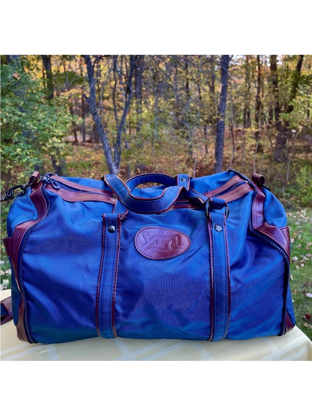 Yves St Laurent YSL Navy Blue Duffel with Brown Leather Trim